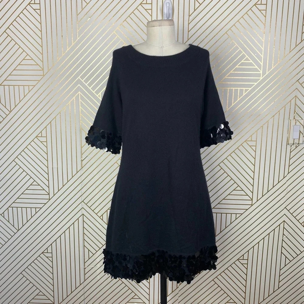 QI CASHMERE Short Sleeve Sequin Disco Beaded Dress in Black Size US Medium